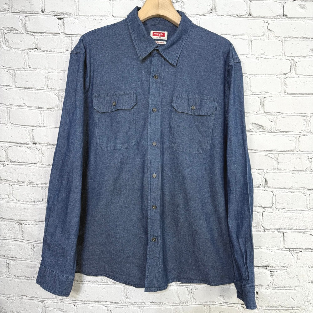 Wrangler Mens 2XL Blue Denim Long Sleeve Button Down Flex‎ Comfort Shirt